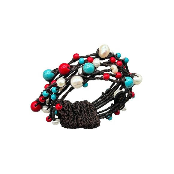 Beaded Wire Cuff Bracelet Genuine Pearls Red & Turquoise Color Beads Multilayer - Picture 1 of 7
